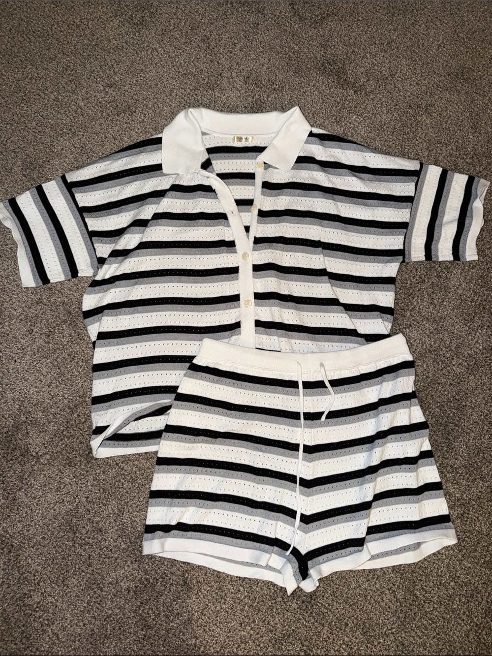 Women’s Black & White Striped Polo Top and Shorts Lounge Set